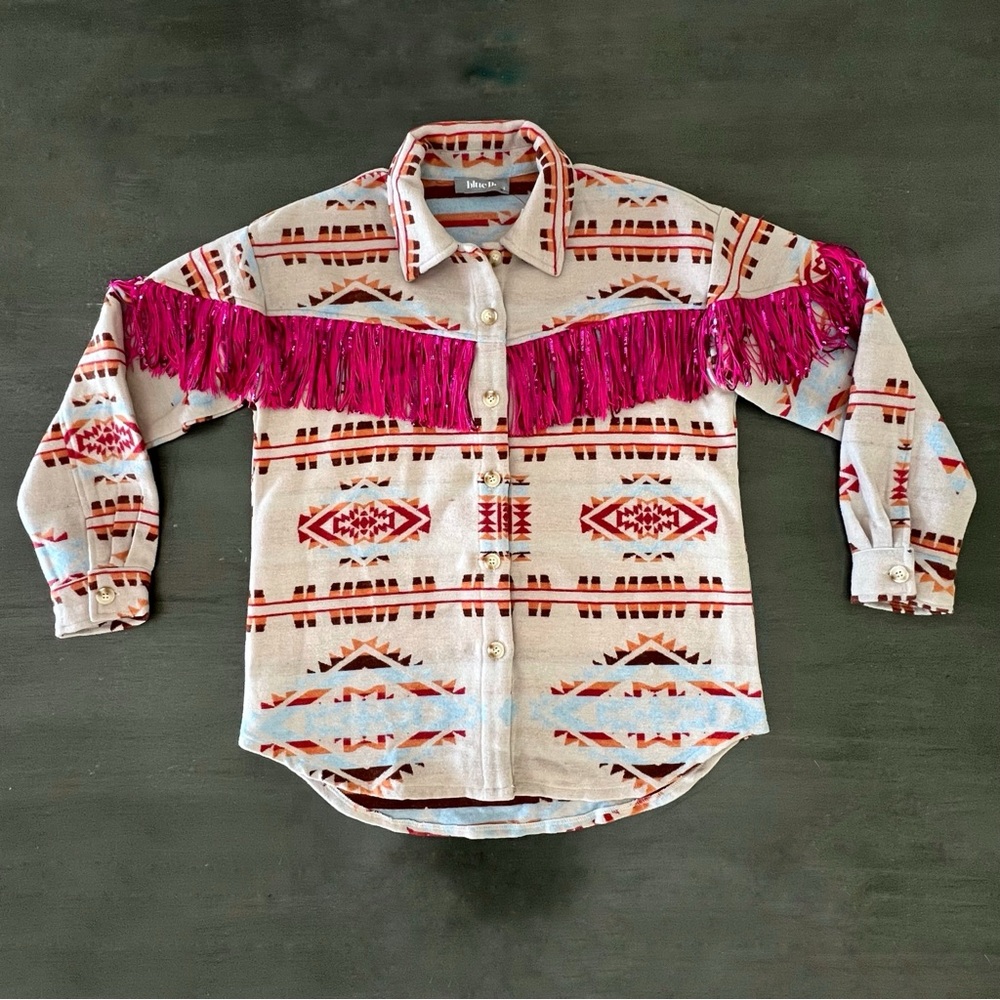 New blue b Tan Blue Orange Hot Pink Fringe Aztec Print Western Jacket Shacket - Picture 3 of 5